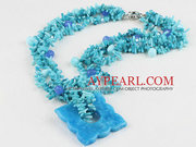 Three Strand Blue Coral and Crystal and Kyanite Necklace